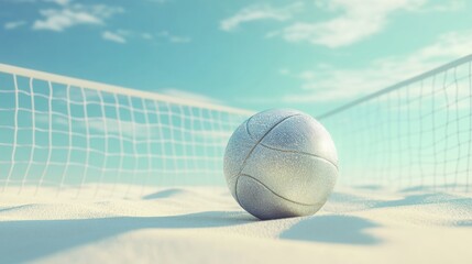 Beach Volleyball in the Sand with a Clear Blue Sky and Gentle Waves in the Background, Perfect for Summer Sports Themes and Active Lifestyle Concepts