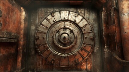 Obraz premium Detailed Close-Up of a Rustic Metal Vault Door with Intricate Design and Patina Finish in an Abandoned Industrial Space