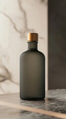 Frosted Dark Glass Olive Oil Bottle with Gold Cap, Stone Countertop, Minimalist Gourmet Ambiance. Copy space. Generative AI
