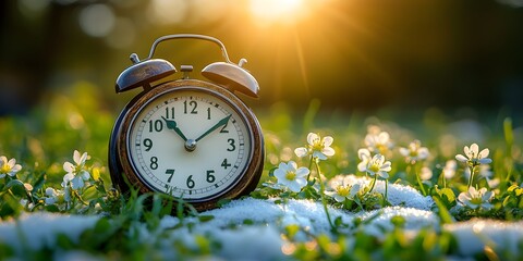 Spring forward. Time change in spring. Daylight saving time. Vintage alarm clock with melted snow, fresh green grass, and tiny spring flowers. Clock turn forward one hour in spring,

