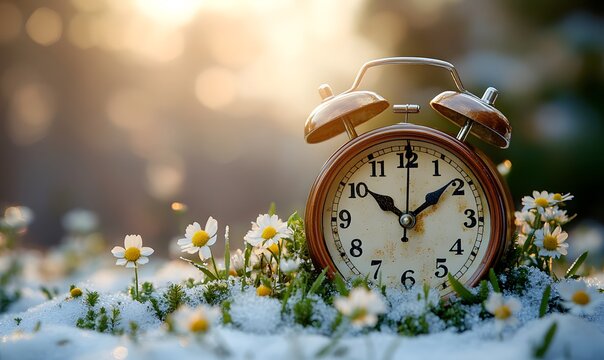 Spring forward. Time change in spring. Daylight saving time. Vintage alarm clock with melted snow, fresh green grass, and tiny spring flowers. Clock turn forward one hour in spring,

