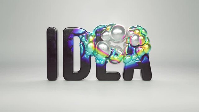 Iridescent Idea: 3D Animation of Black Plastic Word Transforming into Metallic Bubble Texture