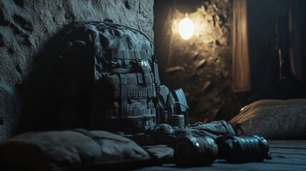 Military backpack and equipment placed on a rustic stone surface in a dimly lit room, emphasizing preparation and survival in tactical environments