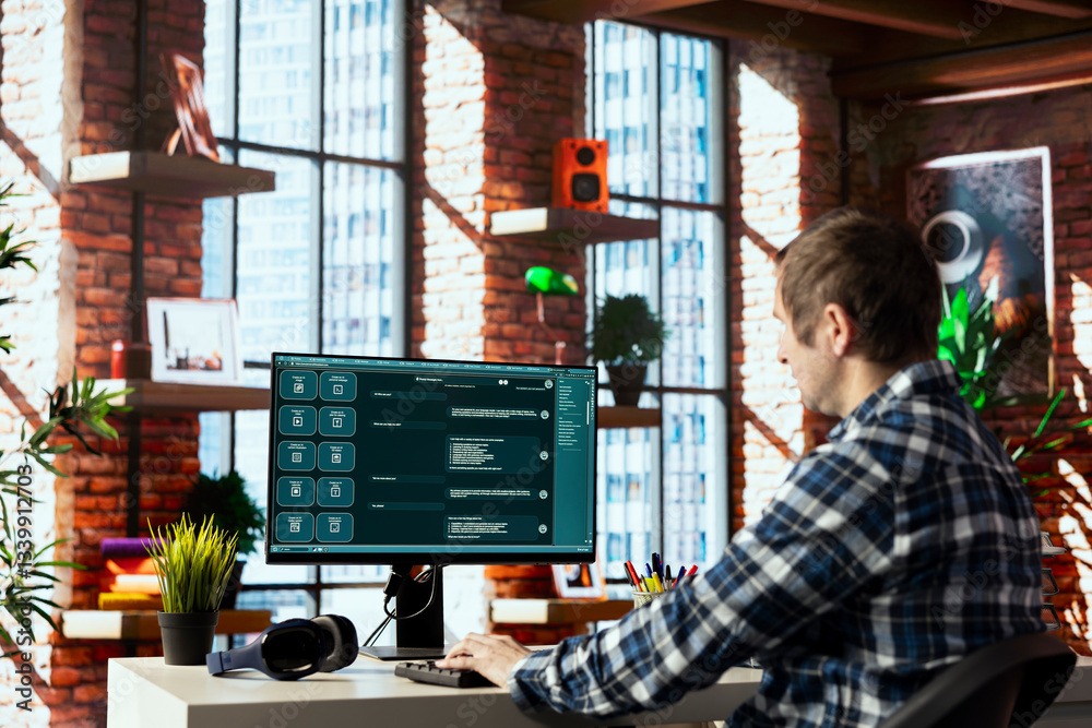 Poster man in home office uses ai gpt trained on vast amounts of textual data to understand and produce nat