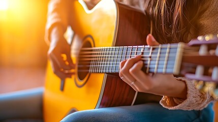 Obraz premium Close-up of a person playing an acoustic guitar. A woman's hands gently fingerpick the strings of a classical guitar. Warm sunlight bathes the scene