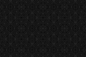 Geometric black background, tribal cover design, ethnic banner. Original 3D pattern. Embossing, relief texture. Ornaments, arabesques, mandala of the East, Asia, India, Mexico, Aztec, Peru.