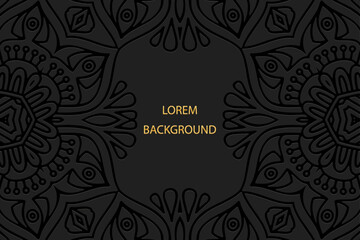 Geometric black lorem background, tribal cover design, ethnic banner. Vintage 3D pattern. Embossing, relief texture. Ornaments, arabesques, mandala of the East, Asia, India, Mexico, Aztec, Peru.