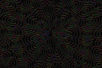 Geometric black background, tribal cover design, ethnic banner. Magic shiny 3D pattern. Embossing, relief texture. Ornaments, arabesques, mandala of the East, Asia, India, Mexico, Aztec, Peru.