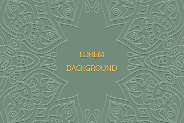Geometric green lorem background, tribal cover design, ethnic banner. Elegant 3D pattern. Embossing, relief texture. Ornaments, arabesques, mandala of the East, Asia, India, Mexico, Aztec, Peru.