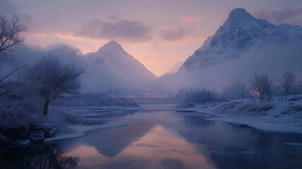 Serene Winter Landscape With Snowy Mountains And River