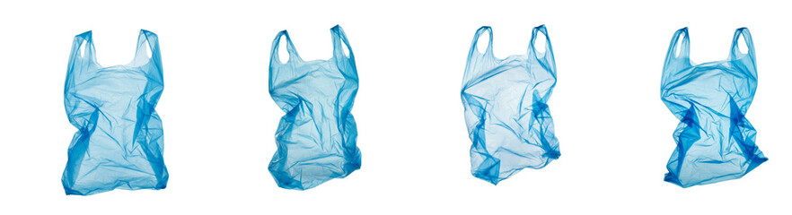 Set Of Blue Plastice Bags isolated on transparent background plastic waste, blue disposable shopping carrier plastic bags, different views, crumpled texture, plastic pollution PNG 