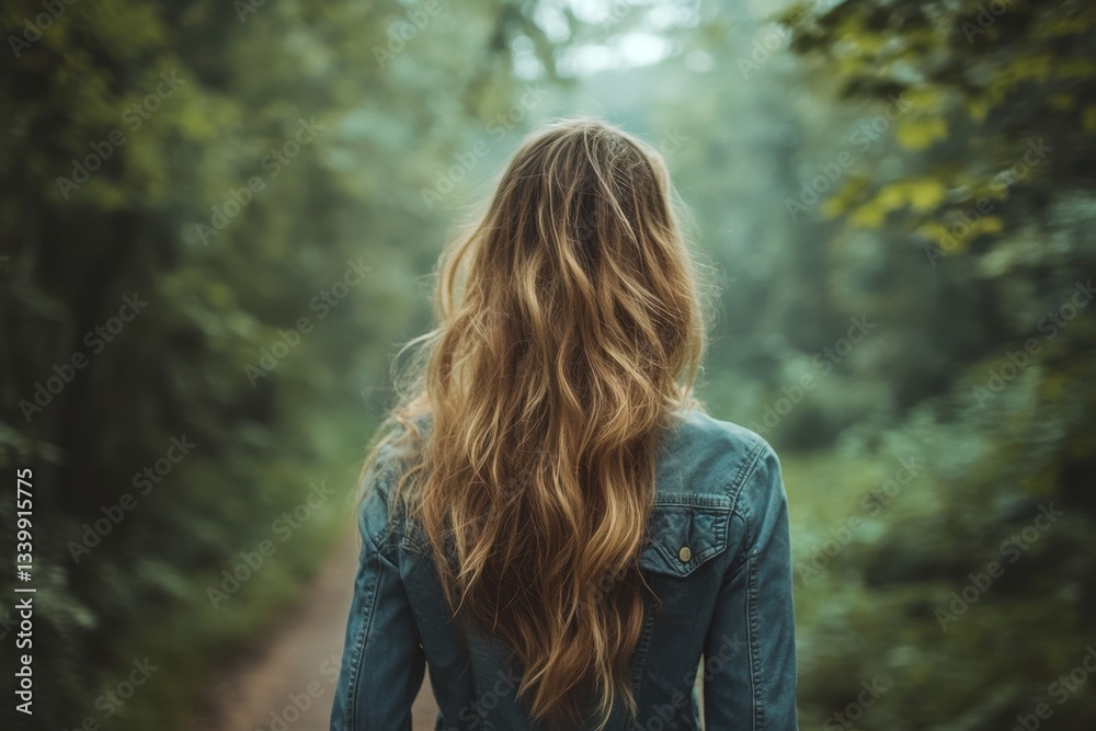 Poster woman walks through a misty forest surrounded by autumn foliage in a tranquil setting