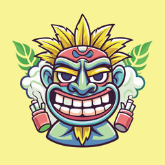 Vibrant Tiki Mascot Cartoon Character Billowing Smoke Vector Logo Illustration