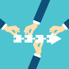 Teamwork working together to success, cooperation or team building collaborate to solve problem, partnership, help and support, business people colleagues help work together to connect jigsaw puzzle.