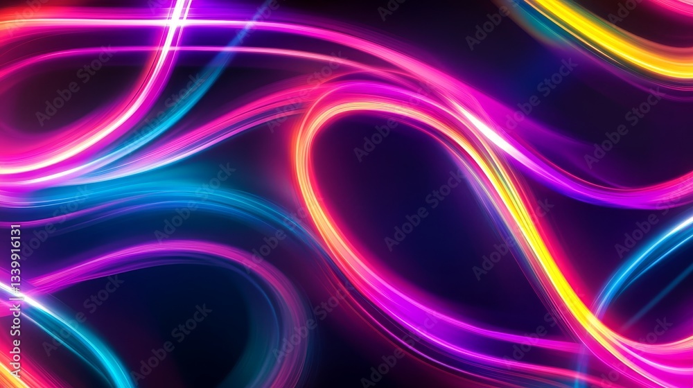 Poster vibrant abstract light trails weaving through a dark background, creating a dynamic visual flow