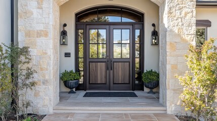 Fototapeta premium Elegant front door entrance luxurious home architectural photography suburban setting wide-angle view curb appeal design