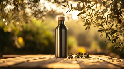  Brushed Steel Olive Oil Bottle with Wooden Accents, Sunlit Outdoor Table, Olive Branches. Copy space. Generative AI
