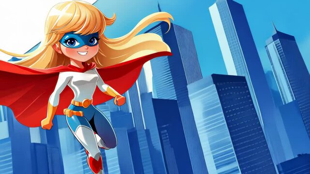 A charming blonde superhero with a shiny cape and mask stands confidently over a vibrant cityscape, ready to save the day.