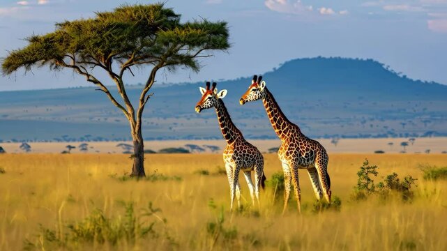 Two giraffes standing in a grassy field next to a tree. The scene is peaceful and serene, with the giraffes looking out over the vast landscape