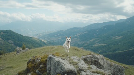 White Dog Running Towards Camera on Mountaintop with Breathtaking Panoramic View