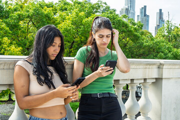 Two young women using smartphones in a park with city skyline