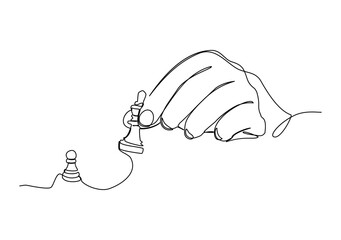 hand holding a chess pawn, business strategy illustration in line art drawing