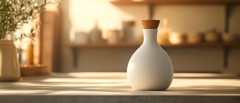 Matte White Pottery Olive Oil Bottle with Cork Lid, Textured Concrete Shelf, Soft Light. Copy space. Generative AI