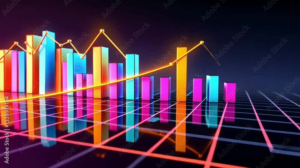 Poster dynamic financial analysis with colorful bars and lines showcasing data trends and statistics in vib