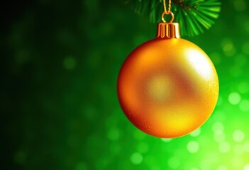 Elegant gold Christmas ball on a shimmering, dark green background, glitter, abstract