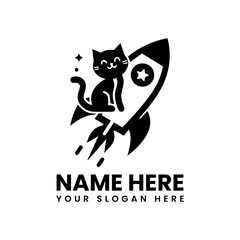 Bold cat and rocket graphic. Playful space adventure design