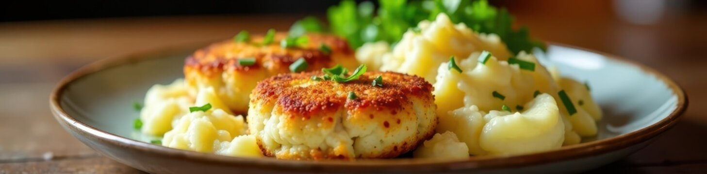 Plump fishcakes served with fluffy mashed potatoes , delicious, golden, cuisine