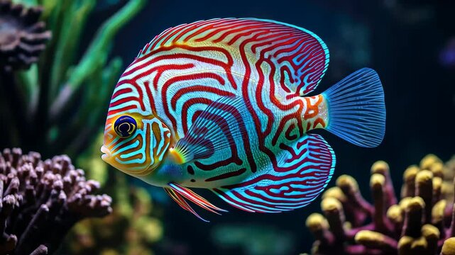 Symphysodon discus fish displays dazzling patterns and colors near vibrant coral reefs, Ai Generated.