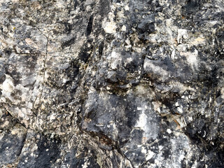 high resolution close up of a rugged rock surface with natural cracks and mineral inclusions. a textured stone background. rough