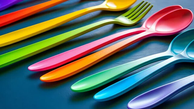 Set of colorful forks and spoons adds a vibrant touch to any dining experience. Ai Generated.