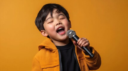 Young Boy Singing Into Microphone Happy Expression