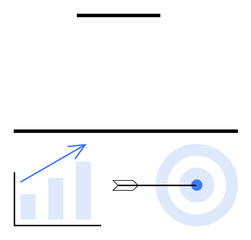 Bar graph with upward arrow and target hit by arrow symbolizing success. Ideal for growth, strategy, achievement, planning, focus, performance, motivation. Flat simple metaphor