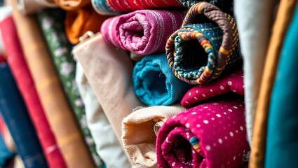 "Close-Up of Colorful Fabric Rolls in Stunning Detail"