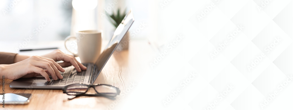 Poster doing homework. close up of woman typing on laptop, browsing information, preparing project at home,