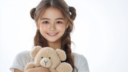 Happy Girl Smiling Holds Beloved Teddy Bear