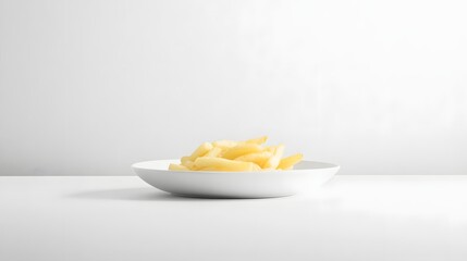 Golden french fries in a white bowl on a table