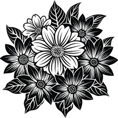 Fototapeta premium A black and white drawing of a flower with leaves and flowers