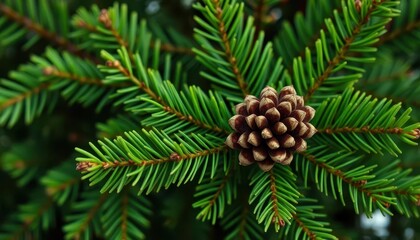 Fototapeta premium Vibrant green spruce branches and a brown fir cone, isolated, nature, needle