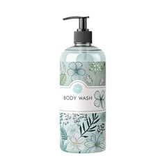 Floral Body Wash Bottle with Pump Dispenser on Transparent Background
