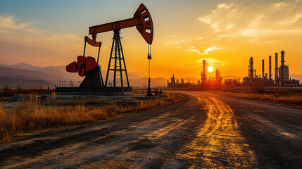 Oil pumps extracting crude oil at sunset, with a refinery in the background and a road in the foreground, creating a dramatic industrial scene