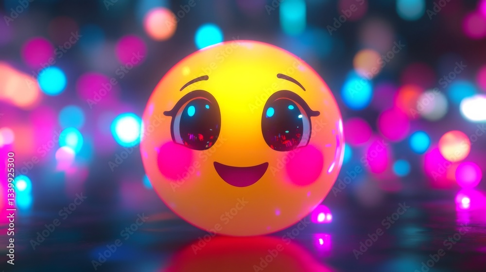 Aufkleber smiling emoji with glowing cheeks surrounded by colorful bokeh lights. digital art concept
