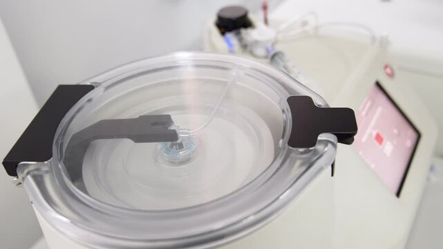Close look at the working centrifuge machine. Medical equipment for plasma extraction. Prp method.