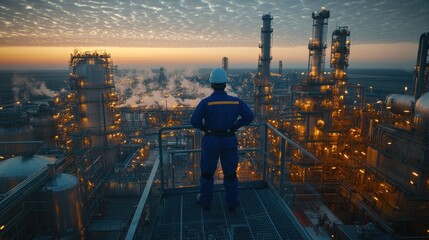 Worker at Dawn: An Oil Refinery at Sunrise