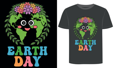  Earth Day Cartoon Design, Earth Day T Shirt Design, Cute Smiling Planet with Flowers And Green Wreath.