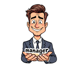 Vsai smiling manager holding the word manager in his hands