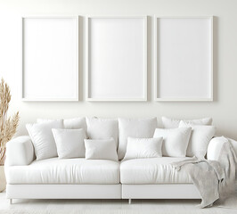modern living room featuring white sofa adorned with various cushions, complemented by three empty picture frames wall, creating serene atmosphere